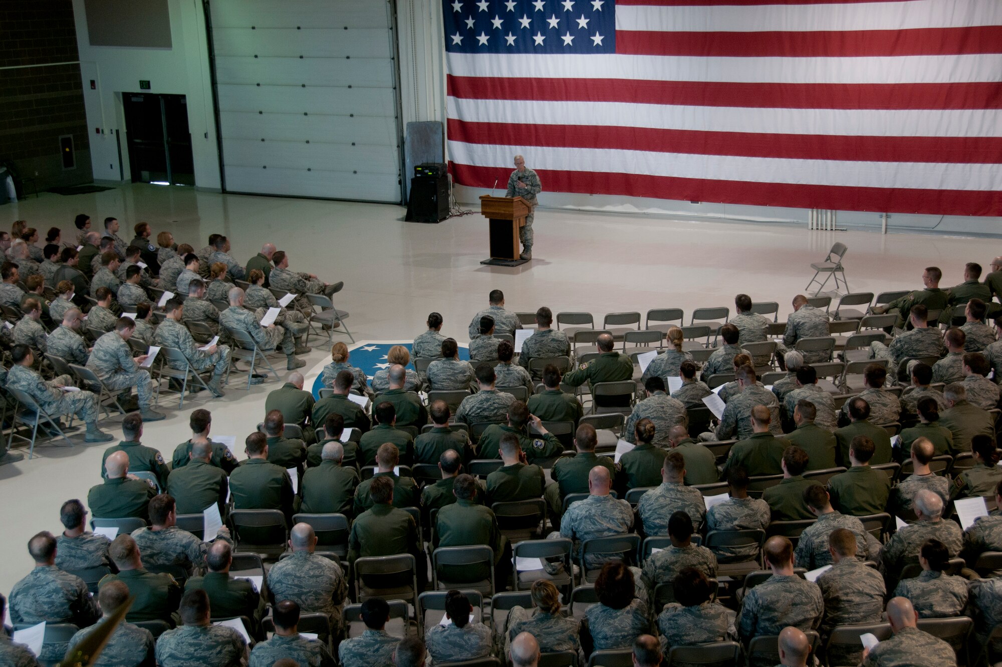 JOINT BASE ELMENDORF-RICHARDSON, Alaska — Members of the Alaska Air Guard assembled here April 24, 2014, to discuss realistic statistics of sexual assault in the Alaska National Guard. Alaska Air and Army Guardsmen participated in SAPR Stand Down Awareness Day, generating awareness of sexual assault prevention and response. U.S. Air National Guard photo by Staff Sgt. N. Alicia Halla/ Released