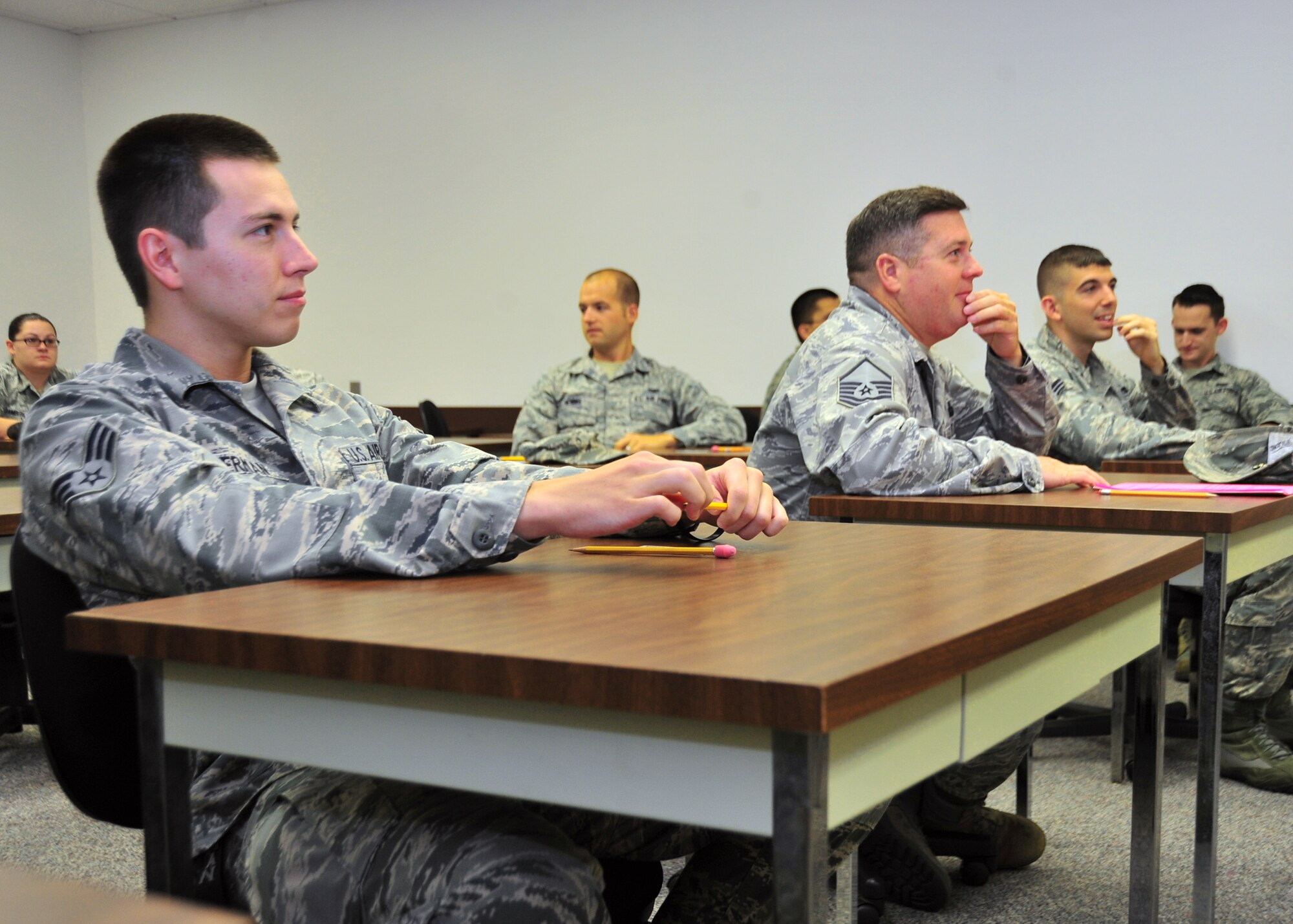 Team Tyndall Airmen wait to begin their Weighted Airman Promotion System Test May 6 at the Education Center. Airmen take the test in strides of achieving the next NCO rank. (U.S. Air Force photo by Airman 1st Class Sergio A. Gamboa)