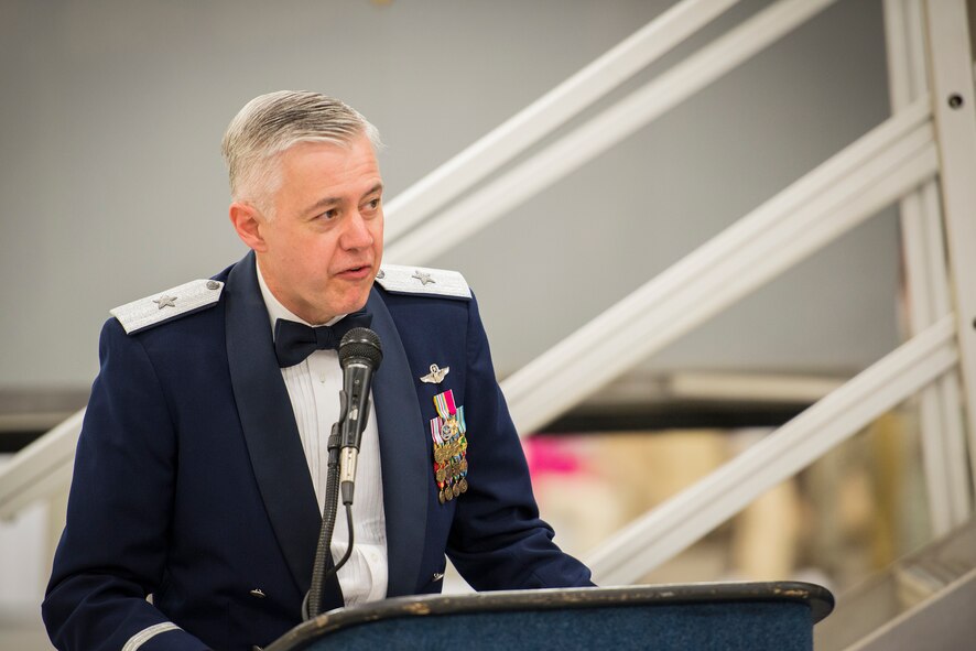 U.S. Air Force Brig. Gen. Kenneth Todorov, Joint Integrated Air and Missile Defense Organization director and former 23d Wing commander, speaks during a dining-in at Moody Air Force Base, Ga., May 2, 2014. Todorov spoke on the importance of tradition and heritage as well as the value of each Airman to Air Force history. (U.S. Air Force photo by Airman 1st Class Ryan Callaghan/Released)