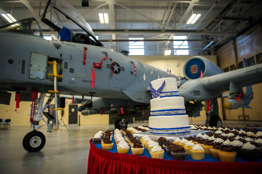 A cake rests on a table in front of an A-10C Thunderbolt II during a dining-in at Moody Air Force Base, Ga., May 2, 2014. The A-10 and an HH-60G Pave Hawk were present as a reminder of Moody’s history. (U.S. Air Force photo by Airman 1st Class Ryan Callaghan/Released)