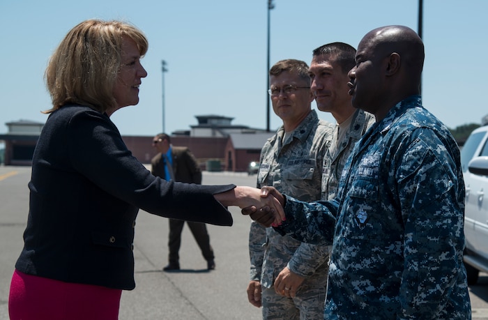 Secretary of the Air Force Deborah Lee James is welcomed by Joint Base Charleston Sailors and Airmen May 6, 2014, on the flight line at JB Charleston, S.C. James is the 23rd Secretary of the Air Force and was appointed to the position Dec. 20, 2013. She is responsible for the affairs of the Department of the Air Force, including organizing, training, equipping and providing for the welfare of its more than 690,000 active-duty, Guard, Reserve and civilian Airmen and their families.  (U.S. Air Force photo/ Airman 1st Class Clayton Cupit)