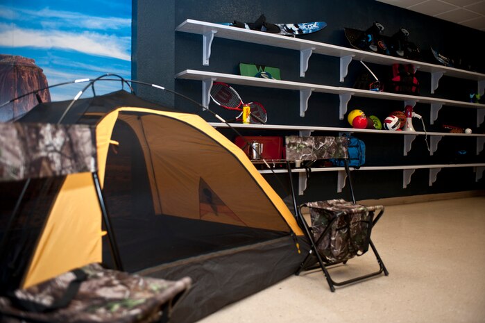 A display of equipment available at the 99th Force Support Squadron’s Outdoor Recreation Center May 2, 2014, at Nellis Air Force Base, Nev. Outdoor recreation has a variety of equipment and camping gear for Department of Defense ID cardholders to rent for many outdoor activities. (U.S. Air Force photo by Senior Airman Matthew Lancaster)