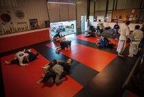 Members of the Minot Brazilian Jiu-Jitsu team practice techniques at Calavera Martial Arts and Boxing club in Minot, N.D., April 21, 2014. The team of almost 25 includes twelve Airmen from Minot Air Force Base. (U.S. Air Force photo/Airman 1st Class Apryl Hall)