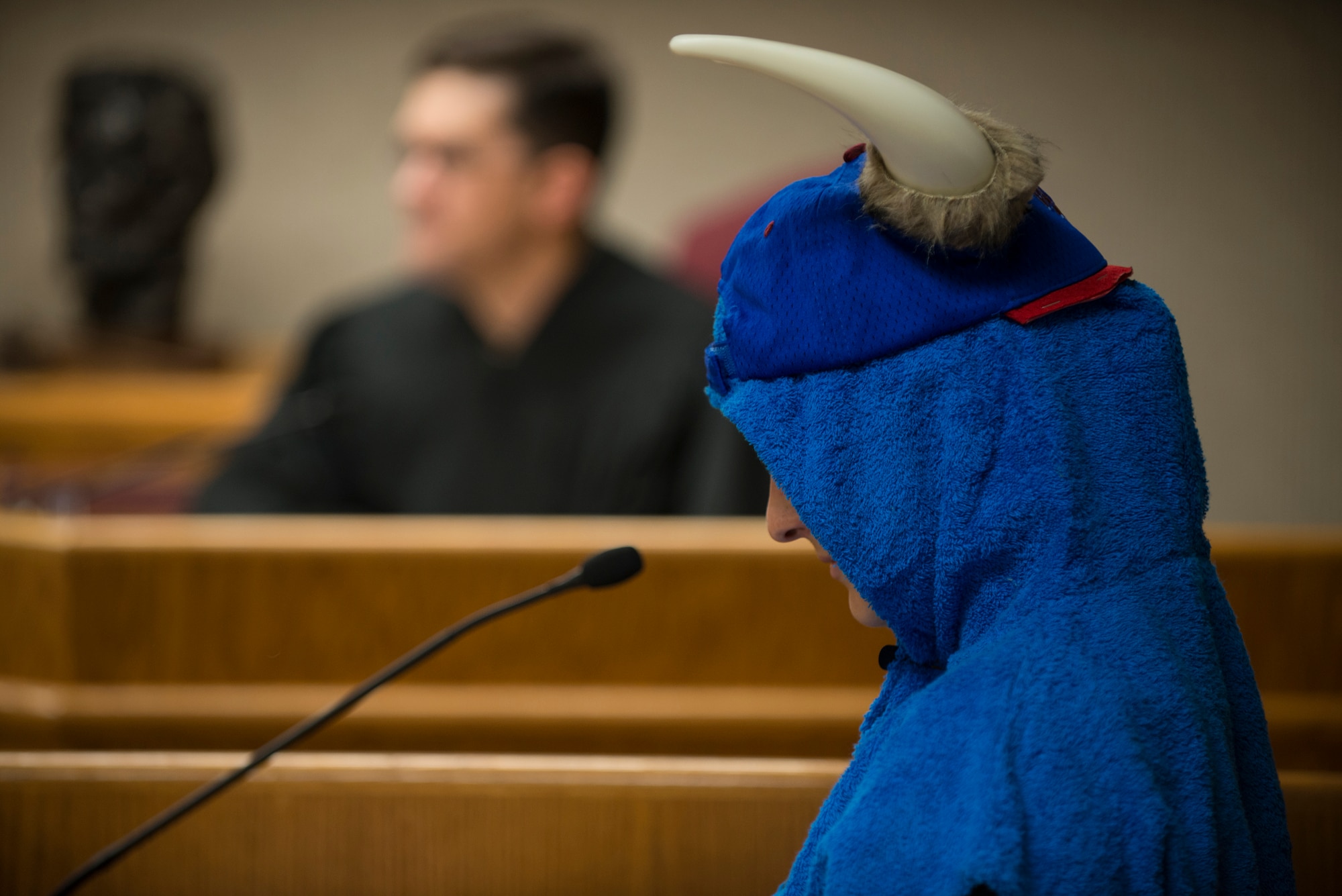 Babe the Big Blue Ox is called to the witness stand during the mock trial of “Paul Bunyan vs. the state” during the 5th Bomb Wing Legal Office Law Day celebration at Minot Air Force Base, N.D., May 1, 2014. Reading from a scripted testimony, the Legal Office performed the mock trial with help from a sixth grade class from North Plains Elementary school, and explained the importance of the legal system. (U.S. Air Force photos/Airman 1st Class Lauren Pitts) 