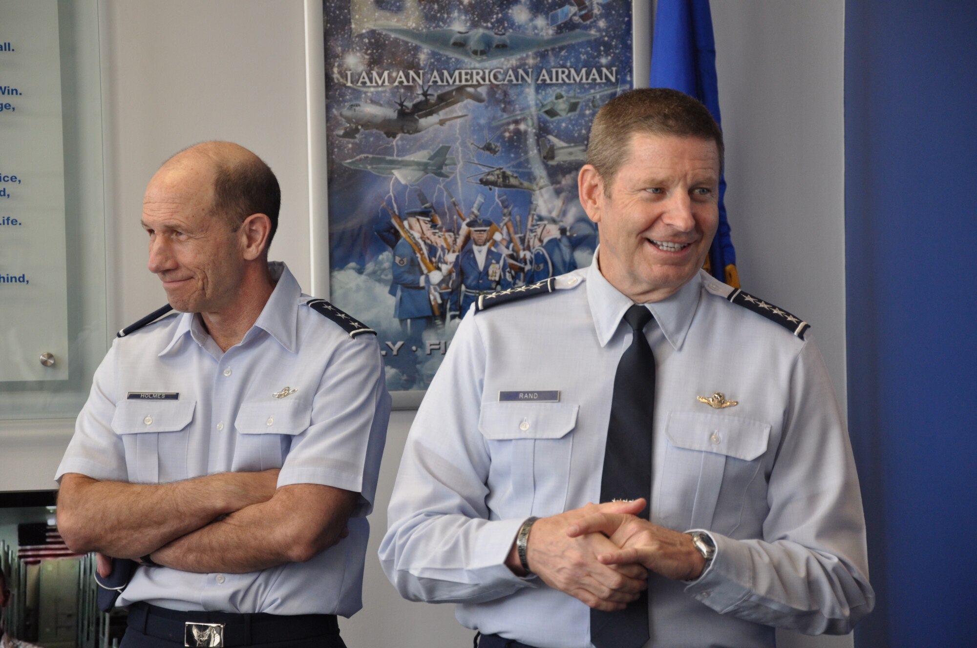 Gen. Robin Rand, commander of Air Education and Training Command (right), and Lt. Gen. James Holmes, AETC vice commander, visit the 341st Recruiting Squadron hub in Austin, Texas, April 21. The hub consolidates recruiting offices assigned to the Austin area to improve customer service and assist recruiters with their career development. (U.S. Air Force photo/Capt. Lauren Hale)