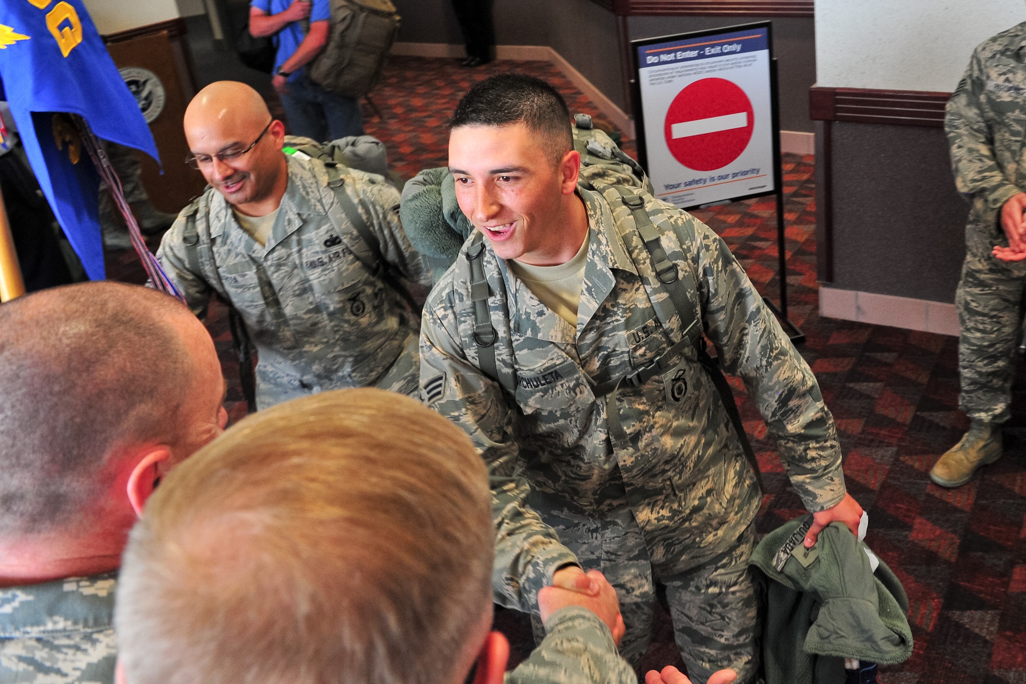 Air Force Reserve Senior Airman Abram Archuleta returns home from Southwest Asia May 3, 2014, at the Colorado Spring Airport in Colorado Springs, Colo. Archuleta and nearly 15 other AF Reservists assigned to the 310th Security Forces Squadron redeployed from the Manas Transit Center in Kyrgyzstan where they provided integrated base defense, physical security and antiterrorism and force protection measures on behalf of U.S. and allied personnel.
(U.S. Air Force photo/Tech. Sgt. Nicholas B. Ontiveros)