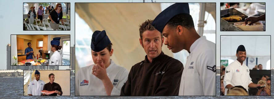 Airmen Gary Strong and Alyssa Ross, 1st Special Operations Force Support Squadron food service specialists, learn from professional chefs at the Taste of Navarre in Navarre, Fla., May 4, 2014. The Airmen met chefs from the local area, as well as Marcus Samuelsson, an award-winning chef. Samuelsson has been featured on various shows such as “Chopped” and “The Taste.” (U.S. Air Force photo layout/Senior Airman Christopher Callaway) 