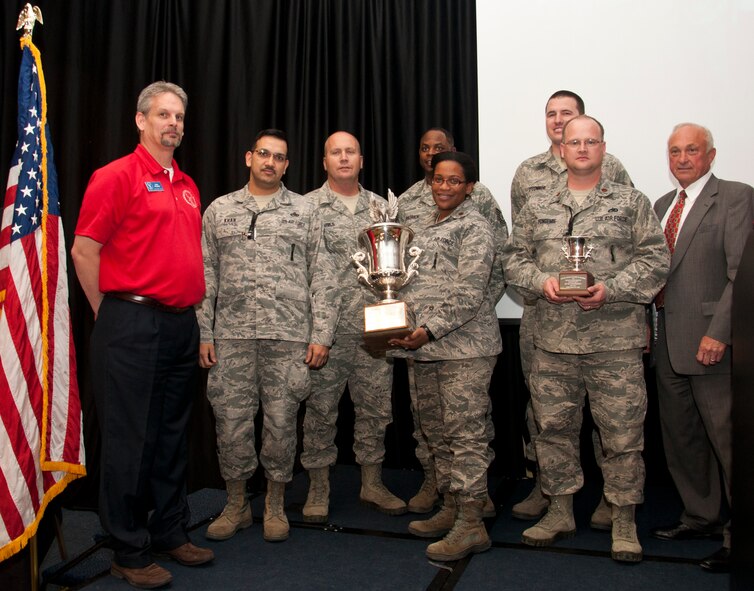Andy Worshek, Military Affairs Committee president, and Jim Hearne, Chairman of the Greater Cheyenne Chamber of Commerce Board of Directors pose with 90th Munitions Squadron Airmen, winners of the 2013 Military Affairs Committee Cheyenne Trophy, during a Chamber of Commerce Luncheon at the Holiday Inn on May 2, 2014 in Cheyenne, Wyo. Major Stephanie Wilson, 90th MUNS commander, holds the trophy as she and the other Airmen pictured represent the 90th MUNS’ 75 skilled technicians who produced 61 nuclear reentry systems to support the nation’s strategic combat capabilities.  

Additionally, the squadron’s record of superior performance, including a 98 percent evaluation pass rate on 613 intense procedural evaluations, underpinned the wing’s 2013 Omaha Trophy as the best missile wing in U.S. Strategic Command.  Furthermore, their commitment to the Cheyenne community was exemplified by placing dozens of wreaths at local cemeteries honoring fallen heroes and delivering 3,000 pounds of disaster relief materials for flood victims, assisting 872 Colorado families in need. 

Recipients of the Cheyenne Trophy from the other military organizations include the 133rd Engineer Company from the Wyoming Army National Guard, the 153rd Medical Group from the Wyoming Air National Guard and the Naval Mobile Construction Battalion 17, detachment 0317 from the Navy Operational Support Center Cheyenne. (U.S. Air Force photo by 2nd Lt. Christen Ornella)