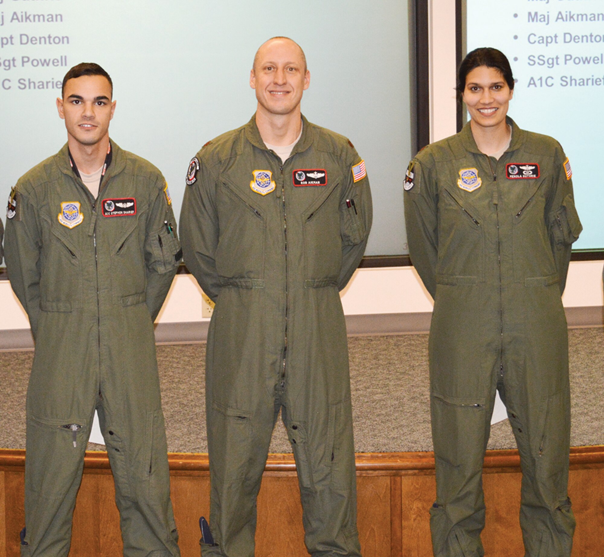 The Rook 71 Crew from the 92d Air Refueling Wing, Fairchild AFB, were:
(listed left to right above) A1C Stephon Sharief, Maj Robert A. Aikman II,
Maj Menola M. Guthrie