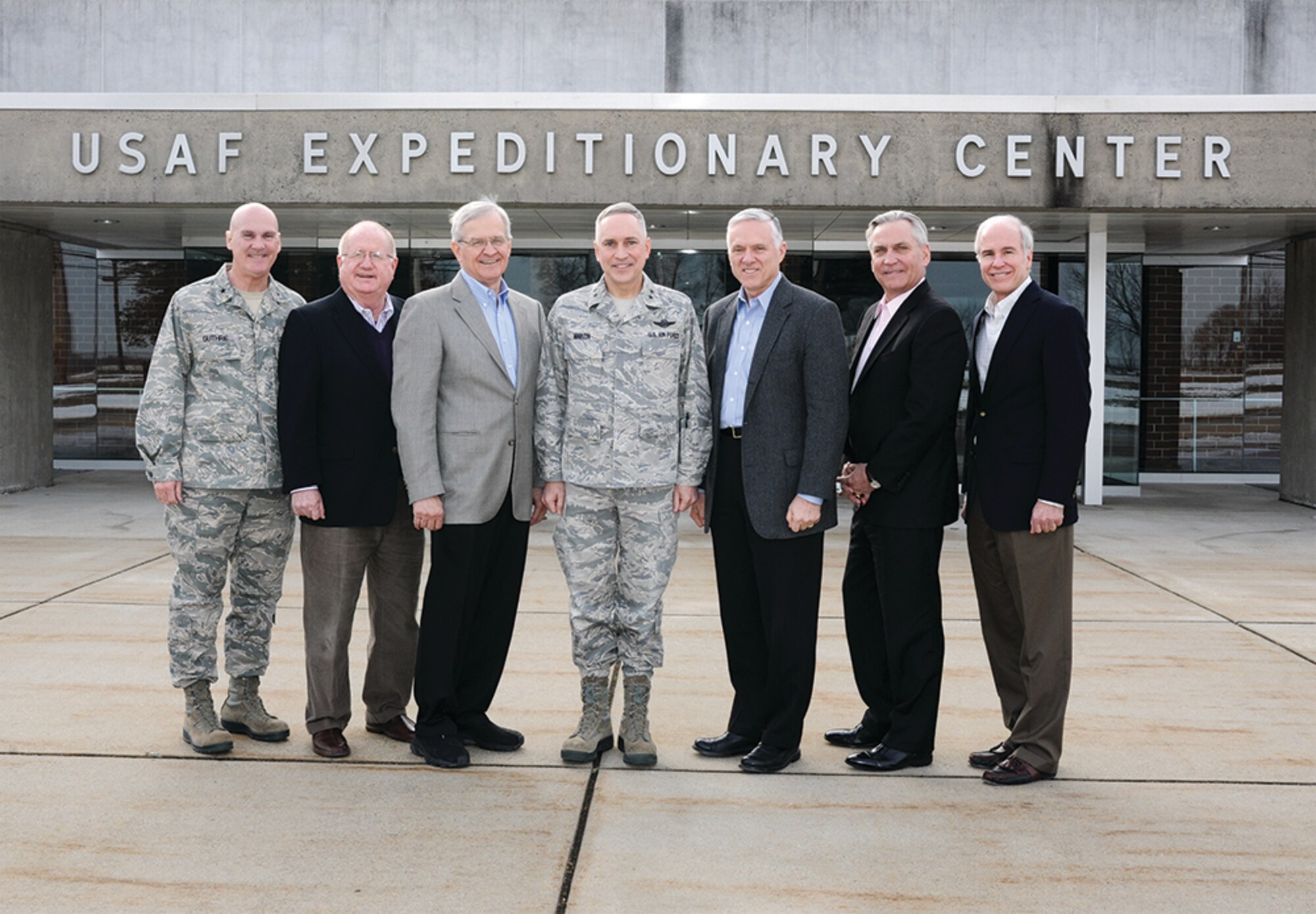 Expeditionary Center (EC) commander Maj Gen Rick Martin welcomed five former USAF EC
and Air Mobility Warfare Center commanders to the USAF EC on January 28, 2014. The day
was devoted to celebrating the heritage of what is now the USAF EC. Pictured left to right: Brig
Gen Randall Guthrie (current USAF EC/MA, commanding from July 2013 to September 2014
during the transition between Maj Gen Bender and Maj Gen Martin); Maj Gen (Ret.) Silas (Si)
Johnson, Jr.; Lt Gen (Ret.) Chris Kelly; Maj Gen Rick Martin; Lt Gen (Ret.) Bill Welser III; Maj
Gen (Ret.) Kip Self; and Maj Gen (Ret.) Rick Devereaux.
USAF photo by Danielle Brooks