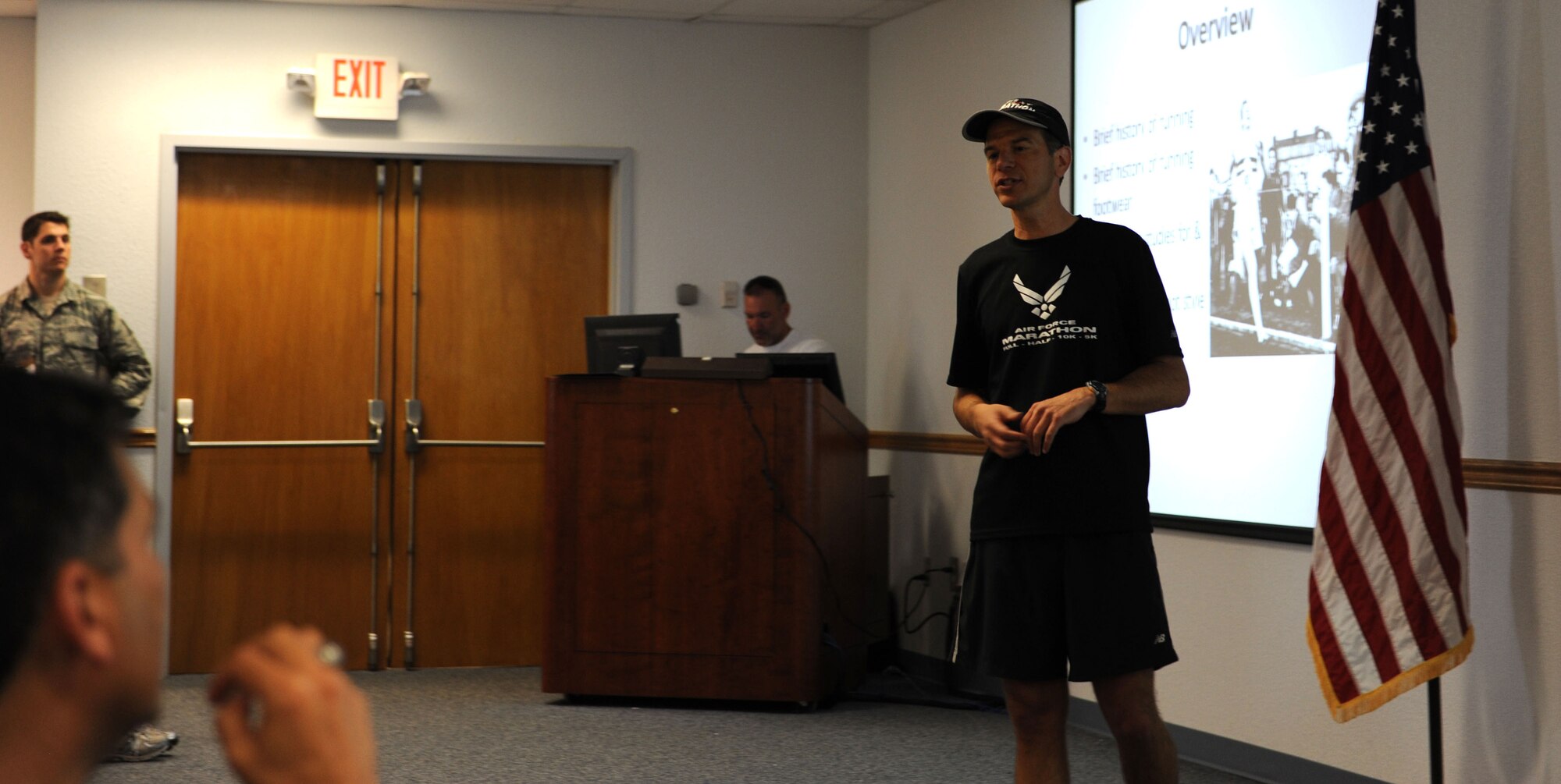 Lt. Col. (Dr.) Antonio Eppolito, chief of Air Force telemedicine, instructs members of Team Keesler in the art and science of becoming a healthier and better runner May 1, in the Sablich Center Auditorium, Keesler Air Foce base, Miss. The 81st Aerospace Medicine Squadron health and wellness center hosted the hands-on workshop with Eppolito, a 19-year member of the Air Force Running Team, as the subject matter expert. (U.S. Air Force photo by Airman 1st Class Stephan Coleman)