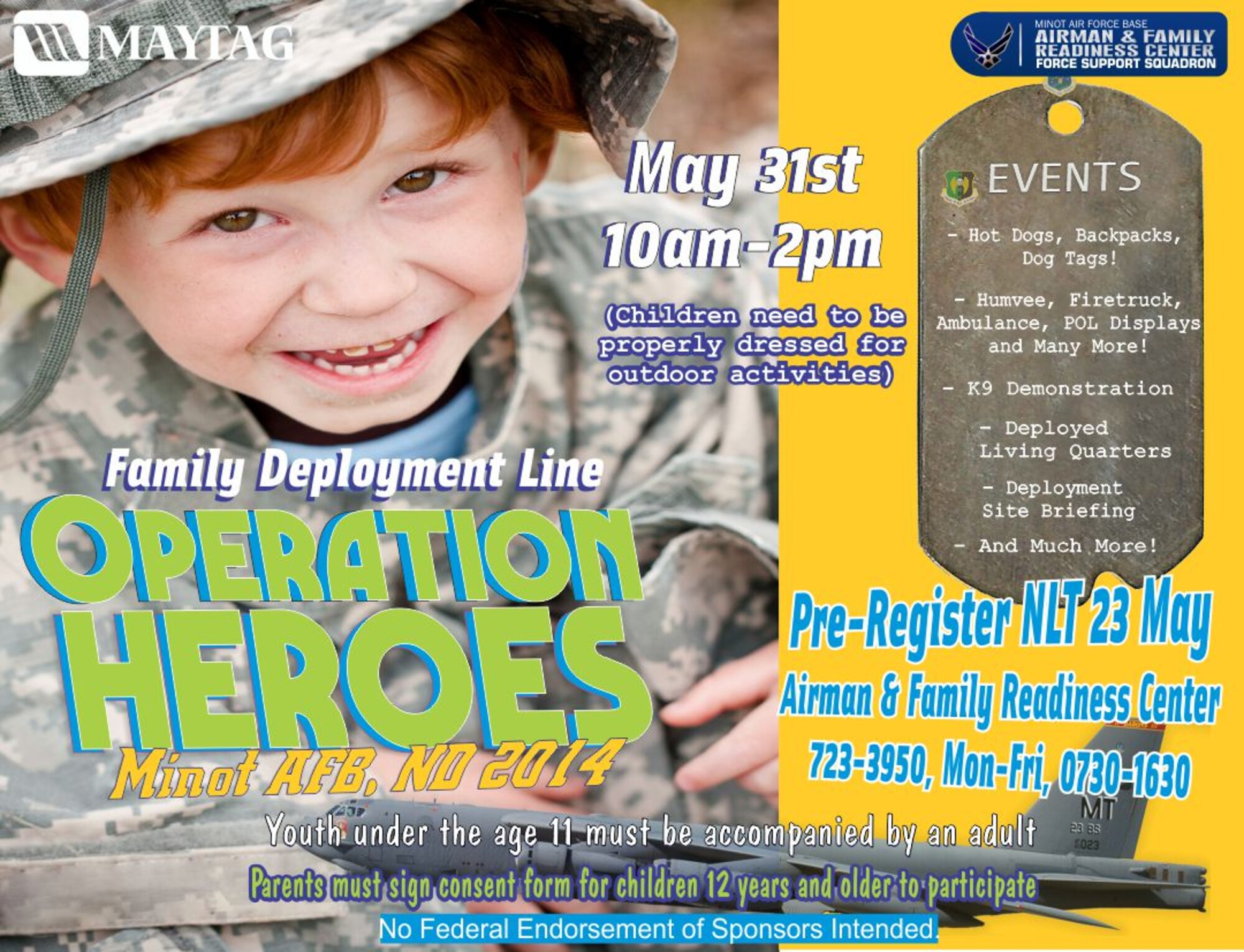 Minot Air Force Base is gearing up for a deployment, May 31, but instead of Airmen, this one features children. Youth under the age of eleven must be accompanied by an adult. Parents must sign a consent form for children twelve years and older to participate.From 10 a.m. until 2 p.m., the Airman and Family Readiness Center is slated to conduct Operation Heroes, an event aimed at helping children understand what deploying parents go through. (Courtesy Illustration)
