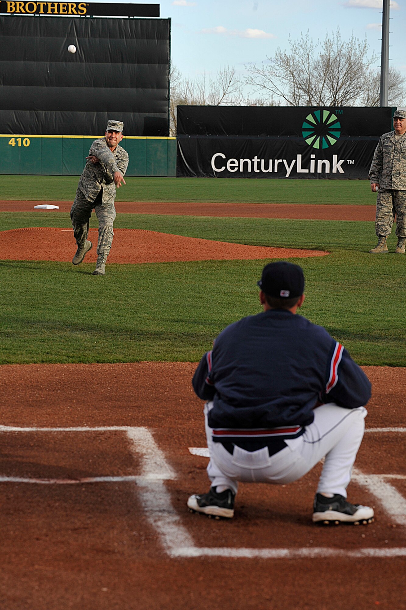 COLORADO SPRINGS, Colo. – Col. John Shaw, 21st Space Wing commander, throws out the ceremonial first pitch at Sky Sox Stadium on Air Force Appreciation night May 2. The game featured free admission for Air Force members, followed by a fireworks show. The Sky Sox lost to the Memphis Redbirds 9-3. ITT has vouchers for free admission to future military appreciation games. Call 556-4867 option 6 for information. (U.S. Air Force photo/Robb Lingley)