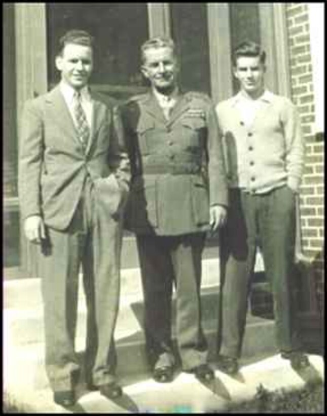 Capt. Francis T. Evans, Jr., (left) comes from family of pilots. He served during World War II as an Army Air Forces fighter pilot in Europe, flying more than 100 missions. He earned the Distinguished Flying Cross for protecting a downed wingman in combat. His father, Col. Francis T. Evans, Sr., (center) also earned the Distinguished Flying Cross for performing a loop while flying a seaplane and pioneered stall and spin recovery techniques. His younger brother Capt. Douglas K. Evans was a U.S. Air Force fighter jet pilot flying in the Korean and Vietnam Wars. (Photo credit/ http://www.earlyaviators.com/eevans.htm)