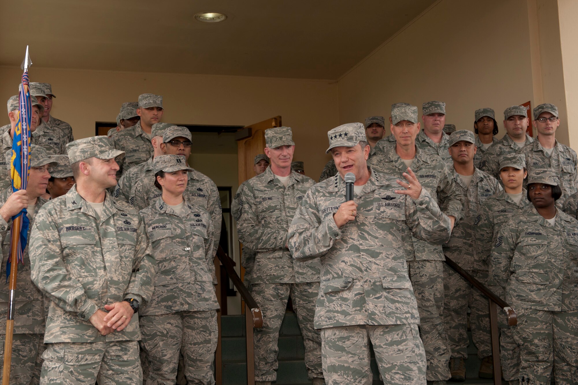 U.S. Air Force Gen. Philip M. Breedlove, U.S. European Command commander, addresses Lajes Field Airmen and civilians during an all call April 30, 2014, at Lajes Field, Azores, Portugal. Gen. Breedlove met with Portuguese Air Force officials and received a 65th Air Base Wing mission brief during a base visit. The 65th ABW at Lajes Field provides base and en route support for Department of Defense, allied nations and other authorized aircraft in transit. (U.S. Air Force photo by Tech. Sgt. Paul Villanueva II/Released)
