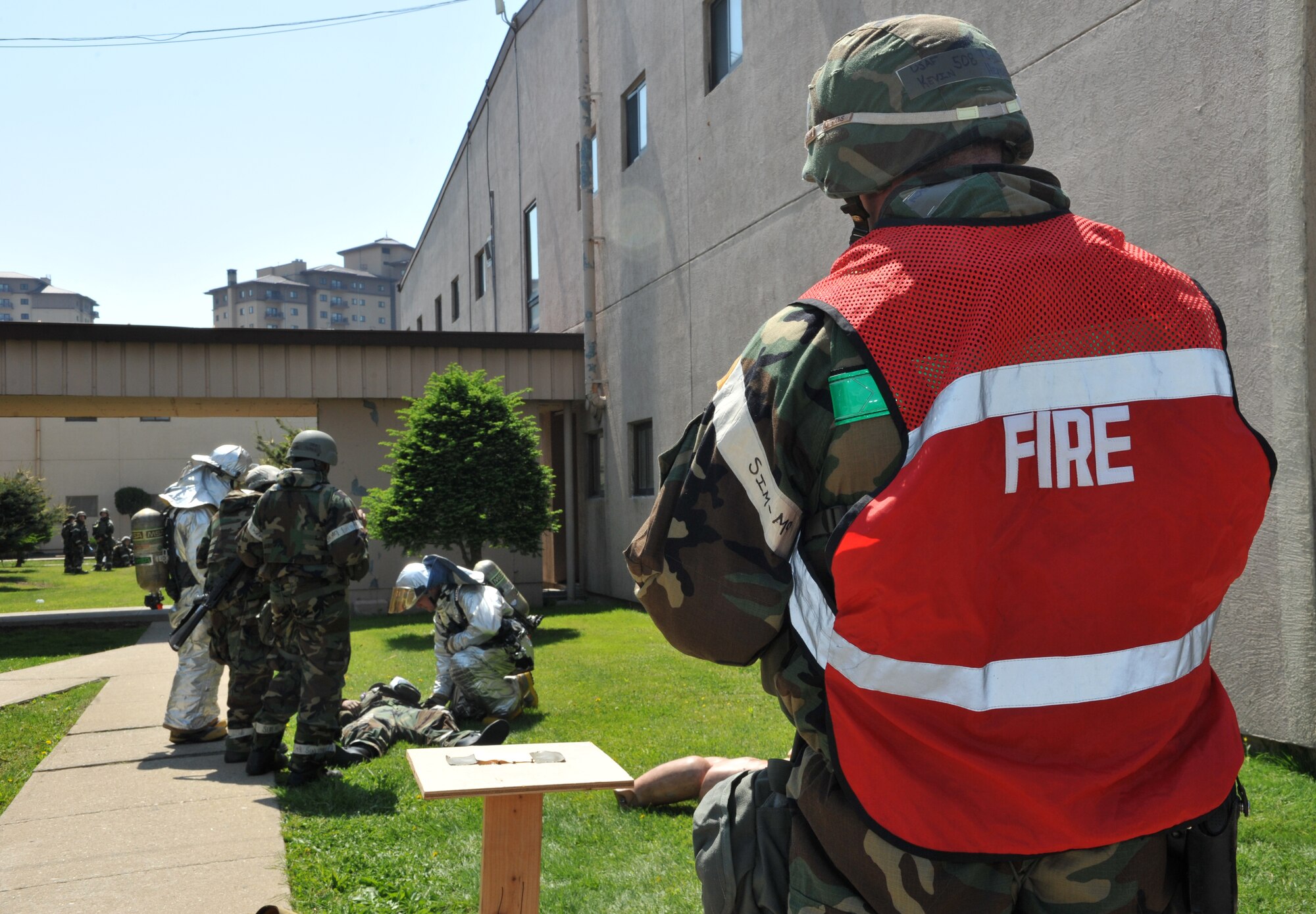 Tech. Sgt. Kevin Henderson, 51st Civil Engineer Squadron fire station chief, records a mock dead, injured and missing count after multiple attacks on Bldg. 938 during Operational Readiness Exercise Beverly Bulldog 14-02 at Osan Air Base, Republic of Korea, May 6, 2014. DIM counts are used in both ORE scenarios and real-world operations to help assess the severity of a situation and to account for affected personnel. (U.S. Air Force photo/Airman 1st Class Ashley J. Thum)
