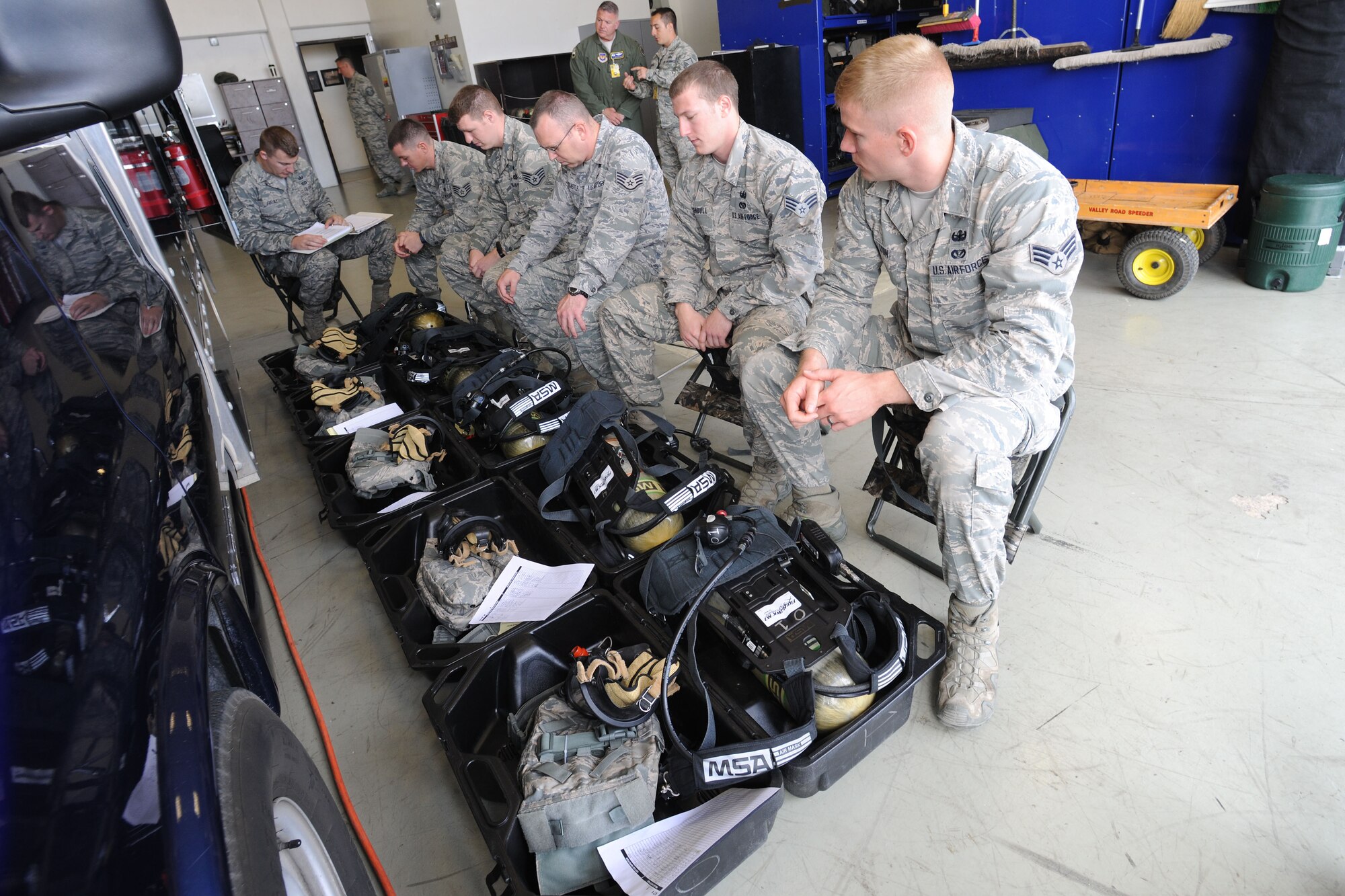 39th Civil Engineer Squadron explosive ordnance disposal technicians, test self contained breathing apparatus equipment during a readiness inspection May 2, 2014, Incirlik Air Base, Turkey. The United States Air Forces in Europe inspector general team visited Incirlik AB to conduct a readiness inspection of the 39th Air Base Wing.  (U.S. Air Force photo by Senior Airman Nicole Sikorski/Released)