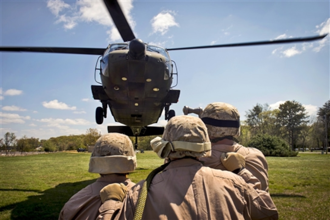 Marines prepare to hook cargo under an Army UH-60 Black Hawk helicopter during slingload training on Naval Annex Stump Neck in Indian Head, Md., April 23, 2014. The Marines conducted the training exercise to establish the capability of the force to fly external loads.  