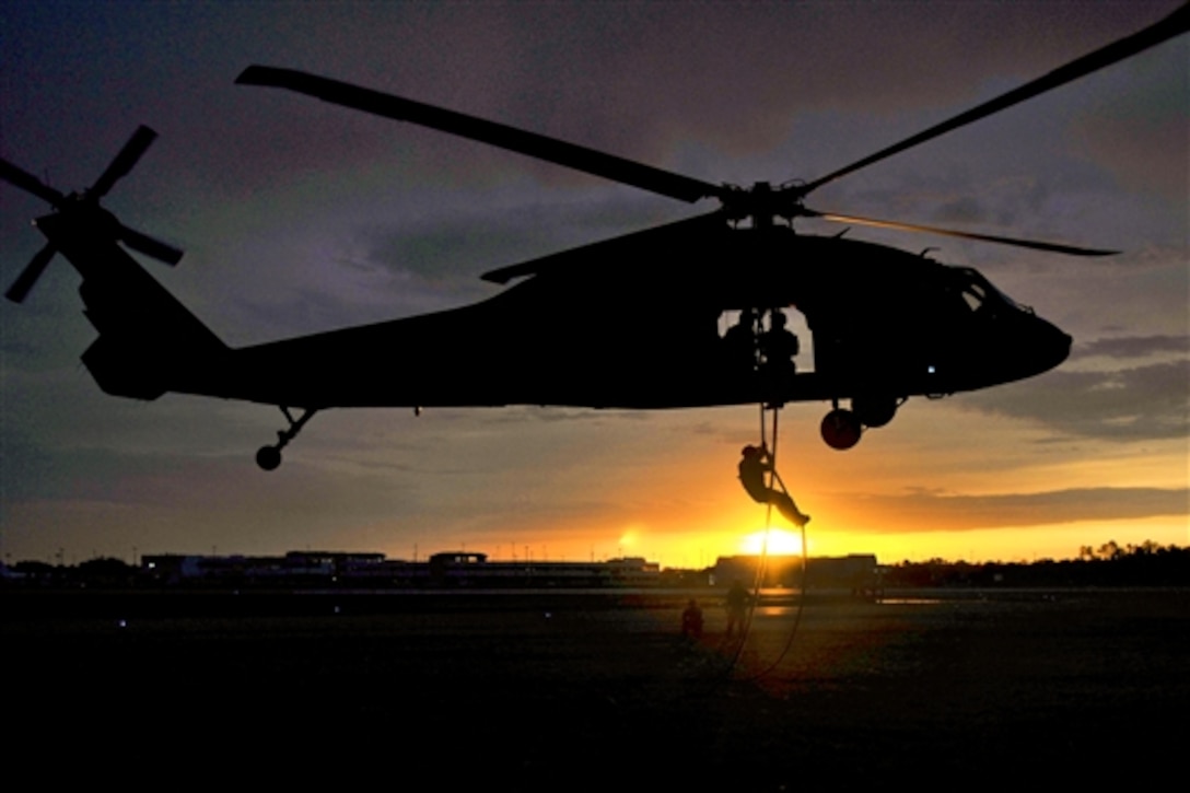 Soldiers conduct fast-rope insertion training during Operation Emerald Warrior at the Combat Readiness Training Center in Gulfport, Miss., April 30, 2014. The multinational, joint force exercise prepares units for any state emergency or combat mission. The soldiers are assigned to the Mississippi Army National Guard's 1st Battalion, 185th Aviation Regiment, and 2nd Battalion, 20th Special Forces Group. 