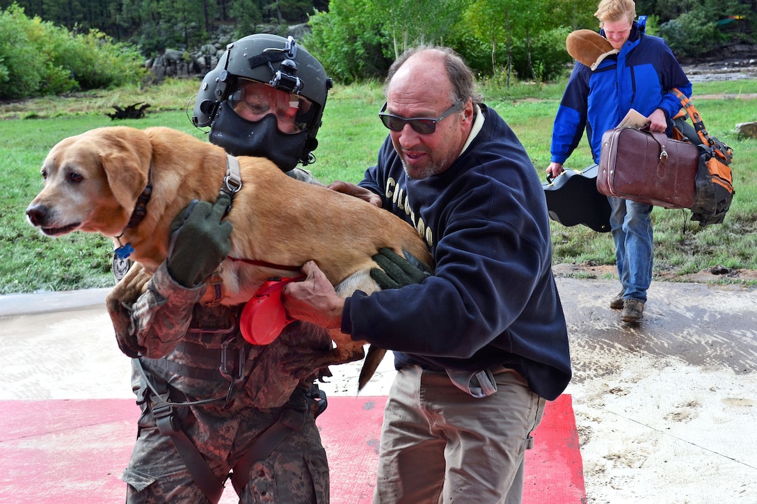 Army Sgt. 1st Class Keith Bart carries an animal to safety during flood rescue and recovery operations in Boulder, Colo., Sept. 16, 2013. Bart, a crew chief, is assigned to the 4th Infantry Division's Company C, 2nd General Support Aviation Battalion, 4th Combat Aviation Brigade, and has been assisting with search and rescue operations in between Boulder, Colo., and Lyons, Colo.  
