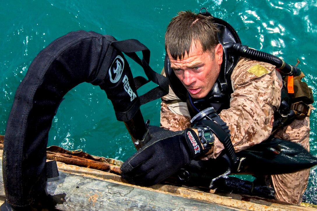 A U.S. Marine climbs a ladder as he conducts an amphibious insertion onto a maritime infrastructure in the U.S. 5th Fleet area of responsibility, Sept. 1, 2013.  
