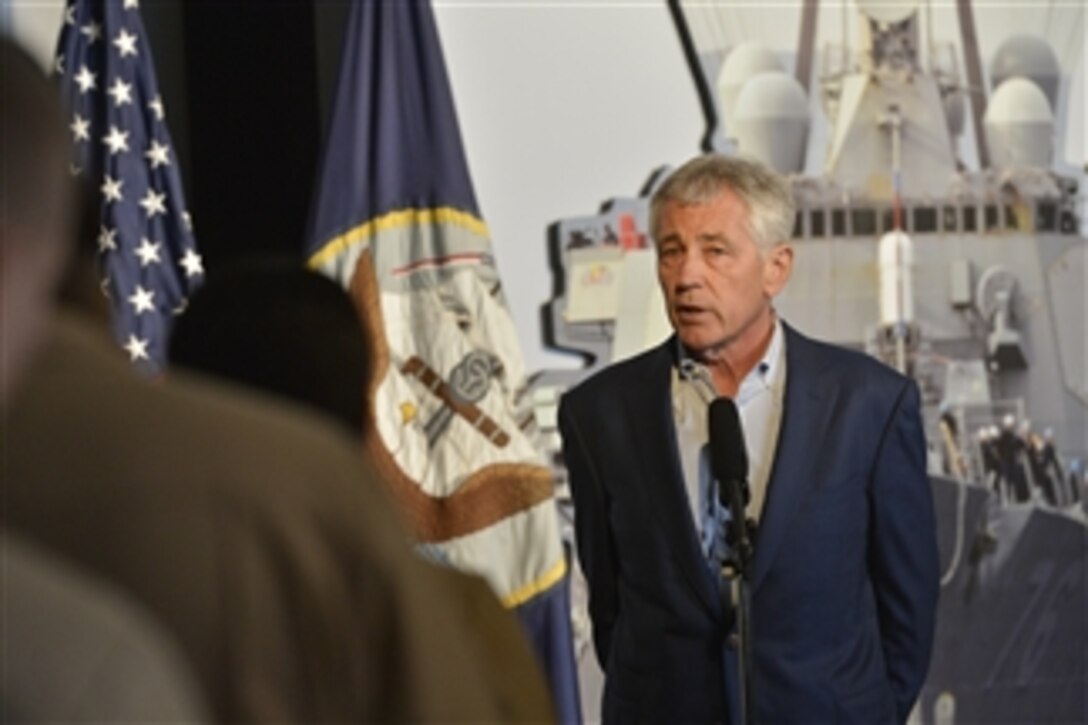 Defense Secretary Chuck Hagel delivers remarks during a troop event as he visits recruits and staff at Naval Station Great Lakes near Waukegan, Ill., May 6, 2014.