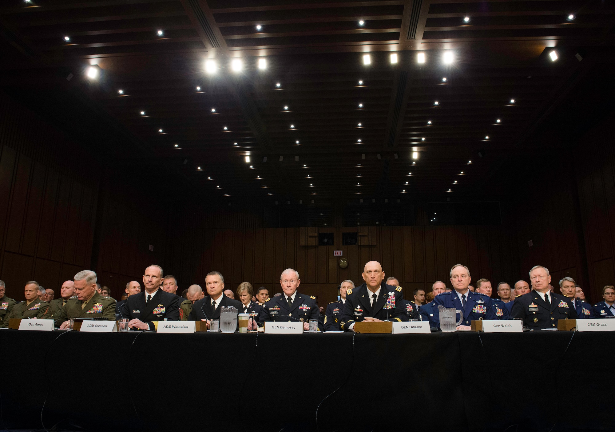 The 18th Chairman of the Joint Chiefs of Staff Gen. Martin E. Dempsey joined Vice Chairman of the Joint Chiefs of Staff Adm. James A. Winnefeld Jr., Chief of Staff of the Army Gen. Raymond T. Odierno, Chief of Naval Operations Adm. Jonathan W. Greenert, Chief of Staff of the Air Force Gen. Mark A. Welsh III, Commandant of the Marine Corps Gen. James F. Amos, and Chief of the National Guard Bureau Gen. Frank J. Grass for testimony before the Senate Armed Services Committee on Department of Defense proposals relating to military compensation May 6, 2014, in Washington, D.C. (U.S. Air Force photo/Staff Sgt. Sean K. Harp)
