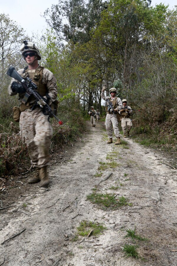 U.S. Marines of Special-Purpose Marine Air-Ground Task Force Crisis Response conduct bilateral patrols with soldiers from the Spanish Army Light Infantry Battalion in Asturias, Spain, April 28, 2014. The training was conducted to further partnership and interoperability between SP-MAGTF CR and the Spanish forces. (U.S. Marine Corps photo by Lance Cpl. Alexander Hill/Released)
