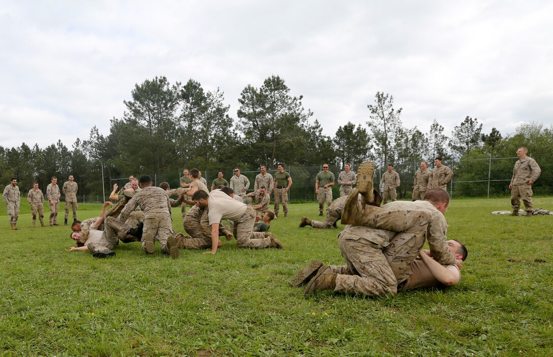 U.S. Marines of Special-Purpose Marine Air-Ground Task Force Crisis Response demonstrate techniques from the Marine Corps Martial Arts Program to the Spanish Army Light Infantry Battalion during bilateral training on Asturias, Spain, May 5, 2014. The training was conducted to further partnership and interoperability between SP-MAGTF CR and the Spanish forces. (U.S. Marine Corps photo by Lance Cpl. Alexander Hill/Released)
