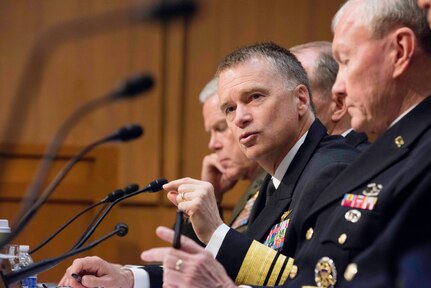 Vice Chairman of the Joint Chiefs of Staff Adm. James A. Winnefeld, Jr. testifies before the Senate Armed Services Committee on Department of Defense proposals relating to military compensation, at the Hart Senate Building in Washington, D.C., May 6, 2014.