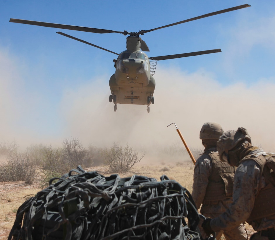 Landing support Marines with 2nd Combat Logistics Regiment, Task Force 2-8 prepare to load a 1,000 pound load of tires on a CH-47 Chinook, with the 1st Battalion, 501st Aviation Regiment, 1st Armored Division, 2nd Brigade Combat Team, during training at the Dona Anna training area on Fort Bliss, Texas, April 7, 2014. 
