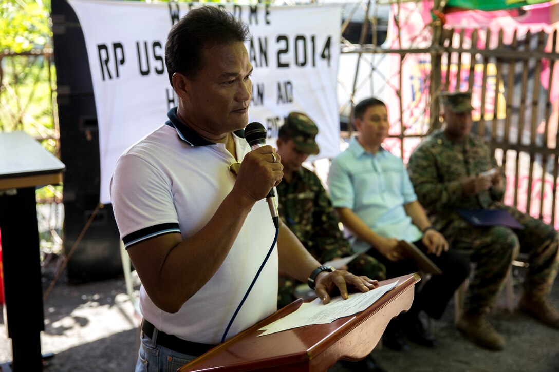 Roberto Arienda begins the medical supply turnover ceremony with opening remarks at the Bigaa Health Center May 5 in Bigaa, Albay province, Philippines. The donations were a part of the humanitarian civil assistance programs being completed during Exercise Balikatan, an annual bilateral training exercise between the Philippine and U.S. forces to strengthen the relationship between the two allied nations. The donation will provide the health center with the ability to treat a large portion of health concerns as the supplies consisted of medical necessities and equipment from wheelchairs and examination tables to gauze and basic wraps. Arienda is the barangay chairman of Bigaa.