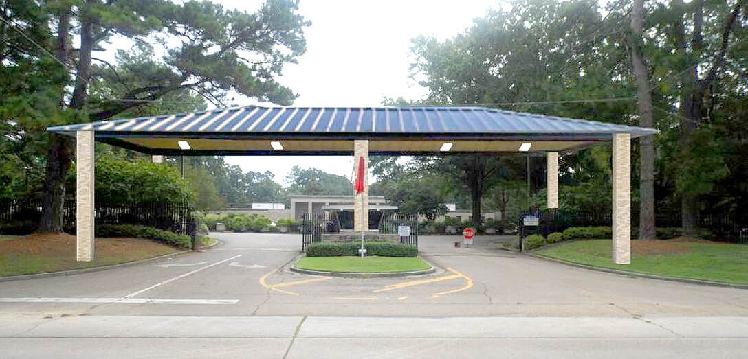 This artist rendering shows six columns for the under construction main gate shelter, while the finished overhead protective cover will be supported by two additional middle columns for a total of eight.