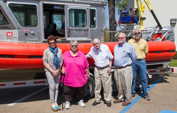 ERDC-CHL held a boat dedication ceremony April 11 to announce the names of five vessels, part of a fleet transferred at no cost to ERDC from the U.S. Coast Guard last year. A contest resulted in names that honor one current and four former CHL employees for their service - pictured from left are Heather Burns Garcia, standing in for her late husband Andrew Garcia, Clara Jean Coleman, retired Lt. Col. William W. Curtis, Dr. William Martin and Terry N. Waller. The boats provide an upgraded capability for fresh and salt water studies.