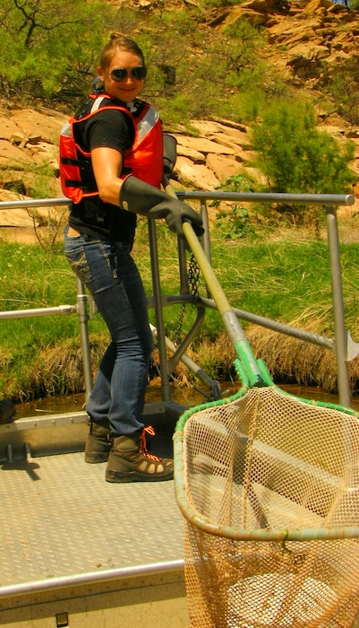 CONCHAS DAM, N.M., -- A small team from the District and the New Mexico Department of Game & Fish conducted a fish rescue June 21, 2012, in the lake’s stilling basin in anticipation of draining the stilling basin for an inspection of the dam by the District’s Operations Division.  Photo by Michael Porter.


