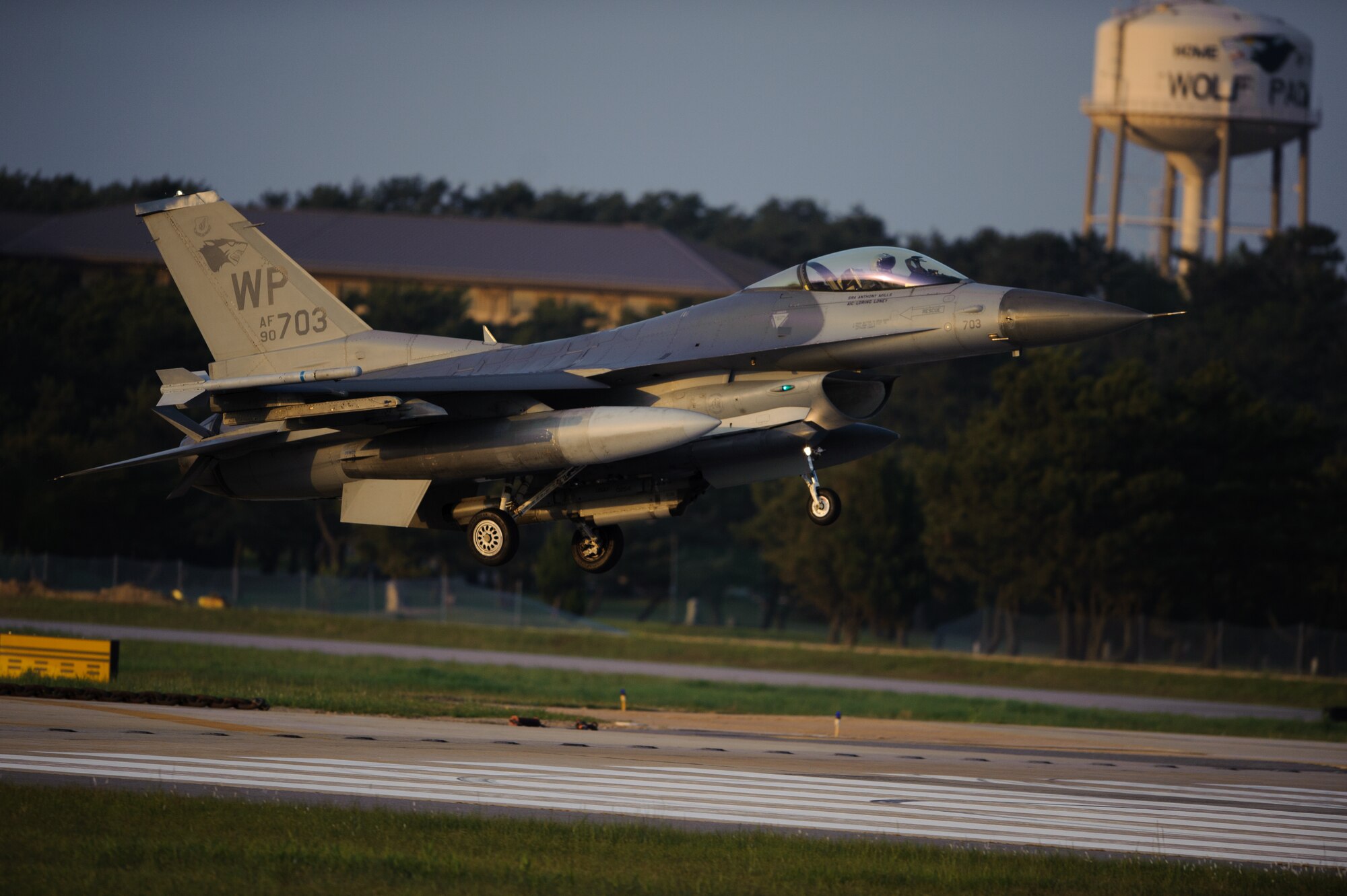 An 35th Fighter Squadron pilot comes in for landing after completing a sortie at Kunsan Air Base, Republic of Korea, May 7, 2014. Beverly Bulldog 14-2 tested Kunsan’s ability to tackle obstacles on the ground and air to ensure continued operations. (U.S. Air Force photo by Senior Airman Armando A. Schwier-Morales/Released)