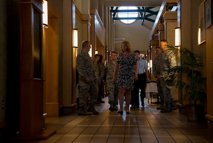 Secretary of the Air Force Deborah Lee James visits the Gaylor Dining Facility May 6, 2014, on Joint Base Charleston, S.C., where she enjoyed lunch with 25 Airmen assigned to the joint base. James is the 23rd Secretary of the Air Force and was appointed to the position Dec, 20, 2013. She is responsible for the affairs of the Department of the Air Force, including organizing, training, equipping and providing for the welfare of its more than 690,000 active-duty, Guard, Reserve and civilian Airmen and their families. (U.S. Air Force photo/ Airman 1st Class Clayton Cupit)