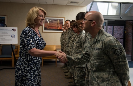 Secretary of the Air Force Deborah Lee James is greeted by Tech. Sgt. Jonathan Cagle May 6, 2014, at the 628th Medical Group on Joint Base Charleston, S.C. Cagle is a biomedical engineering technician with the 628th MDG. James is the 23rd Secretary of the Air Force and was appointed to the position Dec, 20, 2013. She is responsible for the affairs of the Department of the Air Force, including organizing, training, equipping and providing for the welfare of its more than 690,000 active-duty, Guard, Reserve and civilian Airmen and their families. (U.S. Air Force photo/ Airman 1st Class Clayton Cupit)
