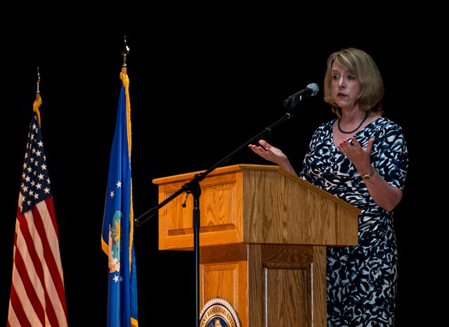 Secretary of the Air Force Deborah Lee James speaks to Airmen and Sailors at an “All-Call” May 6, 2014, at the Base Theater on Joint Base Charleston, S.C. James relayed her top priorities to the Airmen and Sailors and answered questions from the audience. James is the 23rd Secretary of the Air Force and was appointed to the position Dec. 20, 2013. She is responsible for the affairs of the Department of the Air Force, including organizing, training, equipping and providing for the welfare of its more than 690,000 active-duty, Guard, Reserve and civilian Airmen and their families.  (U.S. Air Force photo/ Senior Airman Dennis Sloan)