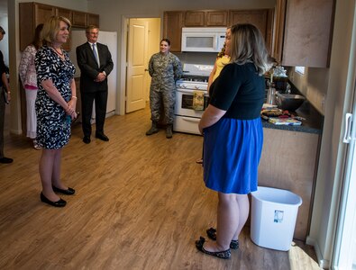 Secretary of the Air Force Deborah Lee James and her spouse, Frank Beatty, meets with residents living in Forest City Military Housing May 6, 2014, on Joint Base Charleston, S.C. James toured a home and spoke with residents about the quality of life and the advantages of living on base. James is the 23rd Secretary of the Air Force and was appointed to the position Dec. 20, 2013. She is responsible for the affairs of the Department of the Air Force, including organizing, training, equipping and providing for the welfare of its more than 690,000 active-duty, Guard, Reserve and civilian Airmen and their families.  (U.S. Air Force photo/ Senior Airman Dennis Sloan)