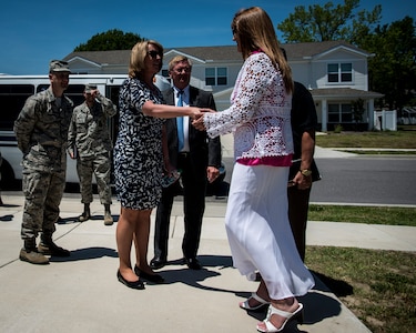 Secretary of the Air Force Deborah Lee James and her spouse, Frank Beatty, meet with members of Forest City Military Housing May 6, 2014, at Joint Base Charleston, S.C. James and Beatty toured a home and spoke with residents about the quality of life and the advantages of living on base. James is the 23rd Secretary of the Air Force and was appointed to the position Dec. 20, 2013. She is responsible for the affairs of the Department of the Air Force, including organizing, training, equipping and providing for the welfare of its more than 690,000 active-duty, Guard, Reserve and civilian Airmen and their families. (U.S. Air Force photo/Senior Airman Dennis Sloan)