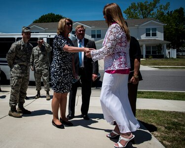 Secretary of the Air Force Deborah Lee James and her spouse, Frank Beatty, meet with members of Forest City Military Housing May 6, 2014, at Joint Base Charleston, S.C. James and Beatty toured a home and spoke with residents about the quality of life and the advantages of living on base. James is the 23rd Secretary of the Air Force and was appointed to the position Dec. 20, 2013. She is responsible for the affairs of the Department of the Air Force, including organizing, training, equipping and providing for the welfare of its more than 690,000 active-duty, Guard, Reserve and civilian Airmen and their families. (U.S. Air Force photo/Senior Airman Dennis Sloan)