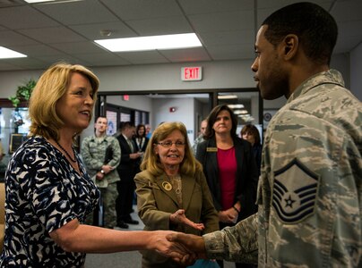 Secretary of the Air Force Deborah Lee James is greeted by members of the 628th Force Support Squadron May 6, 2014, at Joint Base Charleston, S.C. James is the 23rd Secretary of the Air Force and was appointed to the position Dec. 20, 2013. She is responsible for the affairs of the Department of the Air Force, including organizing, training, equipping and providing for the welfare of its more than 690,000 active-duty, Guard, Reserve and civilian Airmen and their families. (U.S. Air Force photo/ Senior Airman Dennis Sloan)