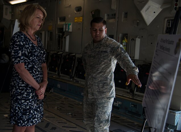 Secretary of the Air Force Deborah Lee James is briefed by Staff Sgt. Michael Rodriguez, inside a C-17 Globemaster III, May 6, 2014, on the flight line at Joint Base Charleston, S.C. Rodriguez is a member of the 437th Aerial Port Squadron and was briefing the SECAF on “Port Dawg University.” James is the 23rd Secretary of the Air Force and was appointed to the position Dec. 20, 2013. She is responsible for the affairs of the Department of the Air Force, including organizing, training, equipping and providing for the welfare of its more than 690,000 active-duty, Guard, Reserve and civilian Airmen and their families.  (U.S. Air Force photo/ Airman 1st Class Clayton Cupit)