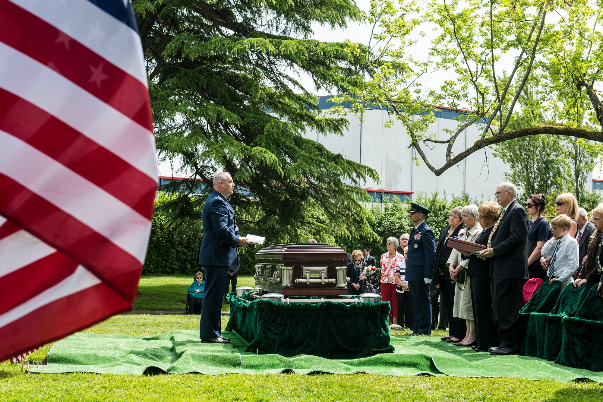 627th Air Base Group Chaplain (Maj.) John Shipman presides over the committal service of Air Force Capt. Douglas D. Ferguson May 2, 2014, at Mountain View Funeral Home in Lakewood, Wash. Ferguson, a native of Tacoma, Wash., had been missing since his airplane was shot down over Laos Dec. 30, 1969. (U.S. Air Force photo/Tech. Sgt. Sean Tobin)