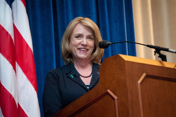 Secretary of the Air Force Deborah Lee James speaks to Airmen during an ‘all-call’ at Maxwell’s Squadron Officer College, May 5. (photo by Melanie Rodgers Cox)