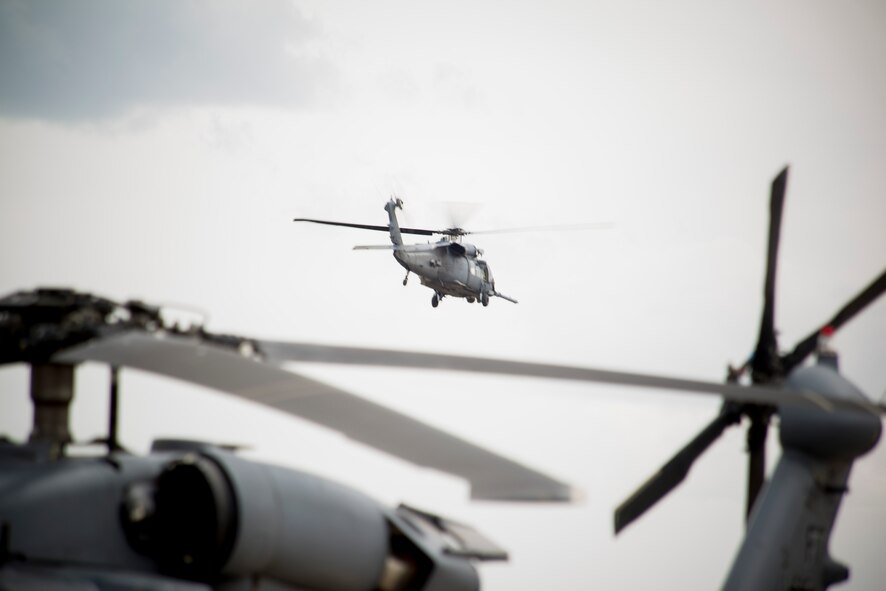 Off we go
A U.S. Air Force HH-60G Pave Hawk from the 41st Rescue Squadron out of Moody Air Force Base, Ga., takes off at Flagstaff Pulliam Airport, Ariz., May 6, 2014, to take part in an Angel Thunder training mission. Being 7,000 feet above sea level, Flagstaff presents different flying conditions than those in Georgia. (U.S. Air Force photo by Staff Sgt. Jamal D. Sutter/Released) 