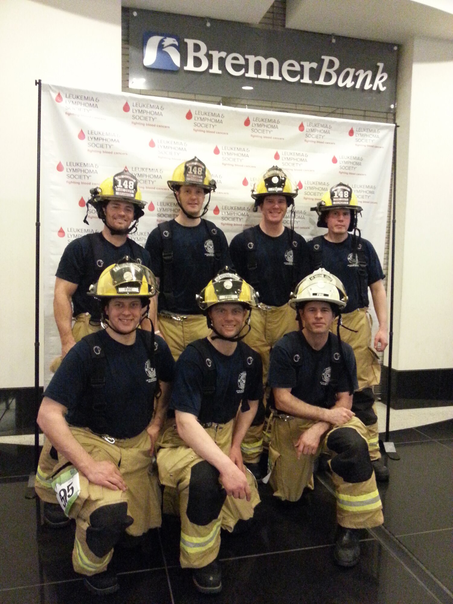 148th Fighter Wing firefighters, Duluth, Minn. pose for a group photo in Minneapolis, Minn. April 5, 2014.  The firefighters were in Minneapolis to particpate in Big Climb-Minneapolis to help raise money for the Leukemia and Lymphoma Society.  (Courtesy Photo)