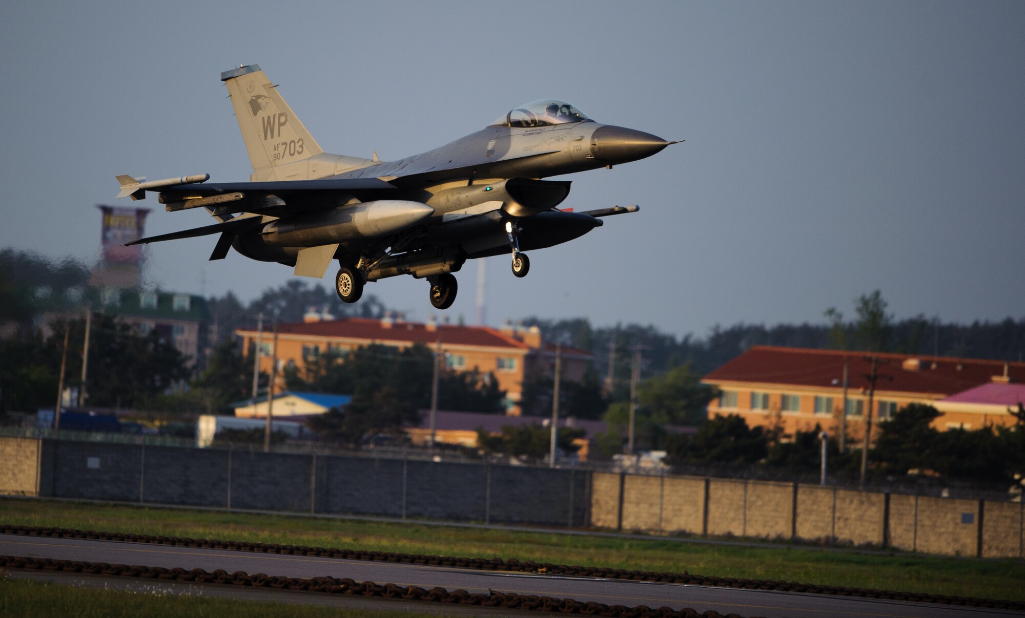 An 35th Fighter Squadron pilot comes in for landing after completing a sortie at Kunsan Air Base, Republic of Korea, May 7, 2014. Beverly Bulldog 14-2 tested Kunsan’s ability to tackle obstacles on the ground and air to ensure continued operations. (U.S. Air Force photo by Senior Airman Armando A. Schwier-Morales/Released)