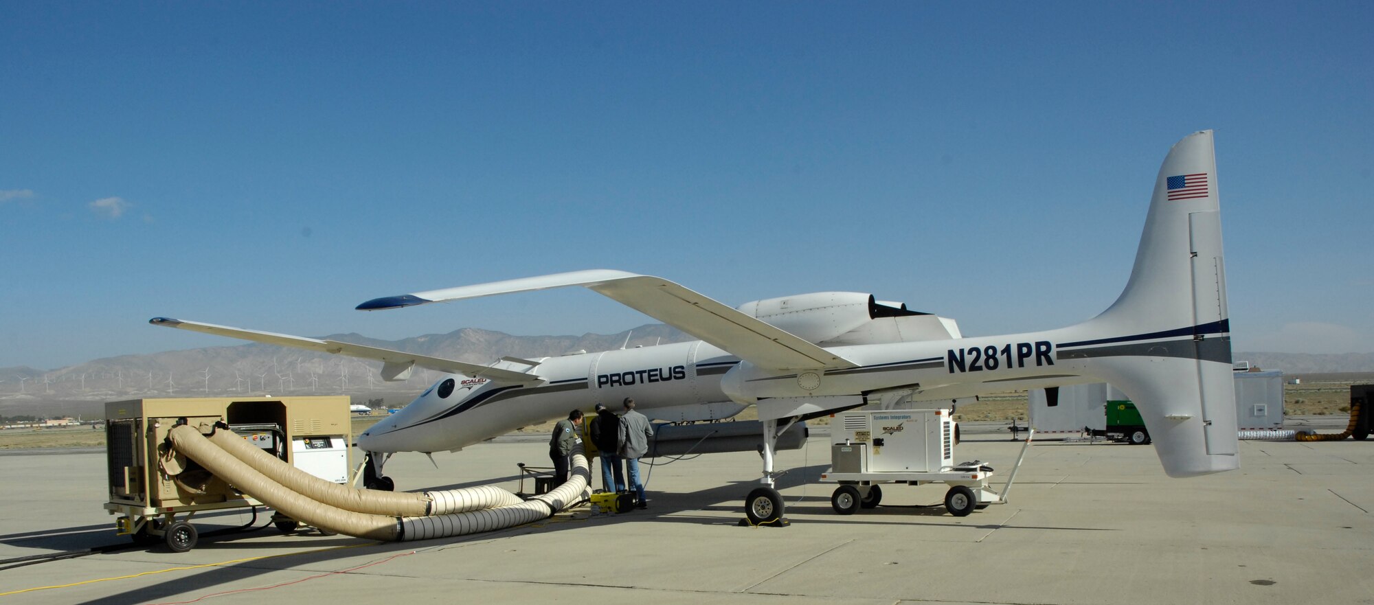 The Proteus aircraft is prepped for the first developmental test flight of the Air Force's Dismount Detection Radar pod April 22, 2014. Flight testing will continue this summer to determine the performance of the radar. The Air Force plans on using the DDR as a model for other open systems architecture radar designs. (U.S. Air Force photo by 1st Lt. Matthew Cook)